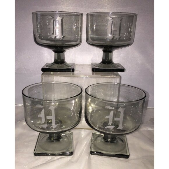 4 Square Base Smoke Glasses Monogram H Atomic Cocktail Bar Ware Vtg Mid Century - Picture 6 of 6